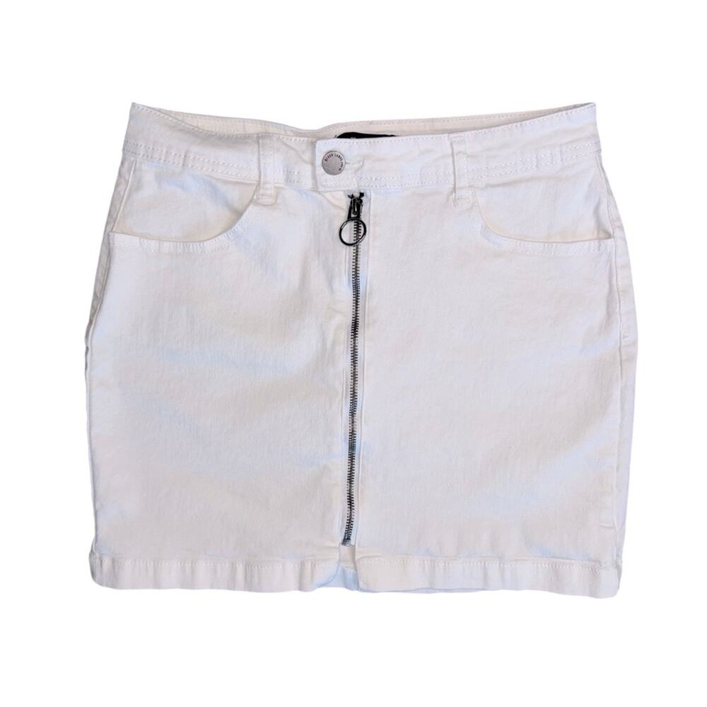 BLACK LABEL C’EST TOI Women’s White Denim Mini Skirt with Front Zipper